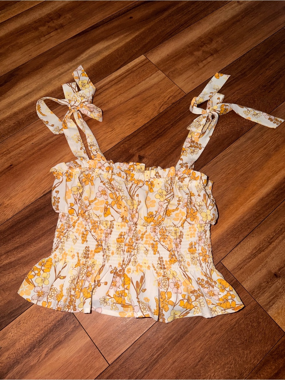 Forever 21 Yellow Floral Smocked Tie-Shoulder Crop Top